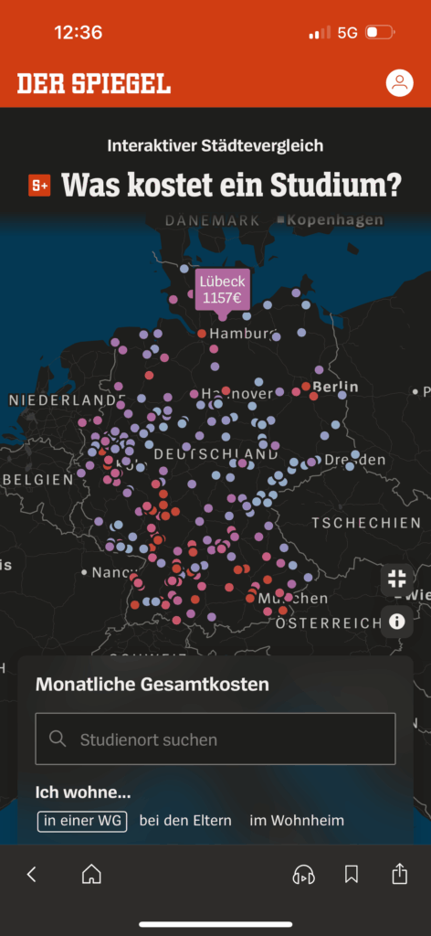 Interactive map displaying Germany and all data points in dark mode